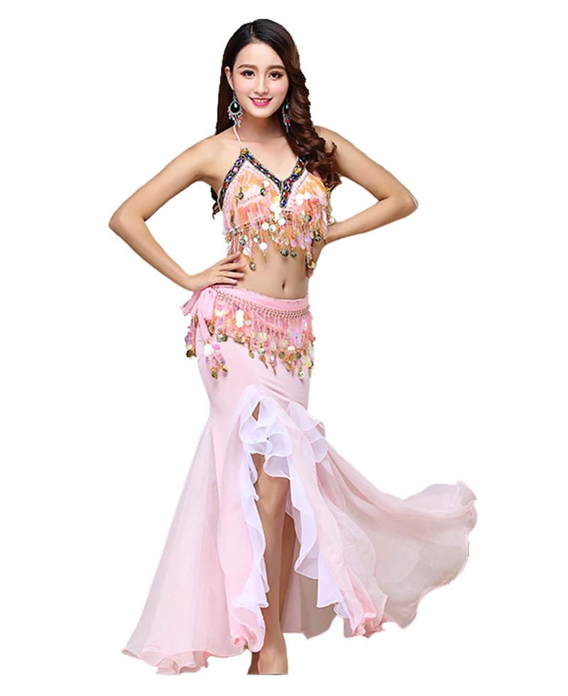 ORIDOOR Women's Belly Dance Dress Halloween Costume Belly Dance Crop Top Bra Top and Belt Chiffon Dancing Skirts 3-Piece Outfit Pink - Image 1